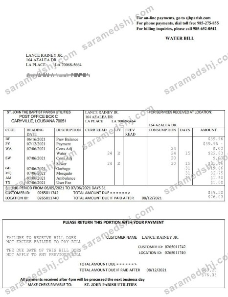 USA Louisiana St. John the Baptist Parish water bill in Word and PDF format